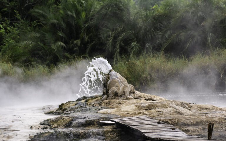 Geyser spray beside a wooden boardwalk in Semuliki National Park.